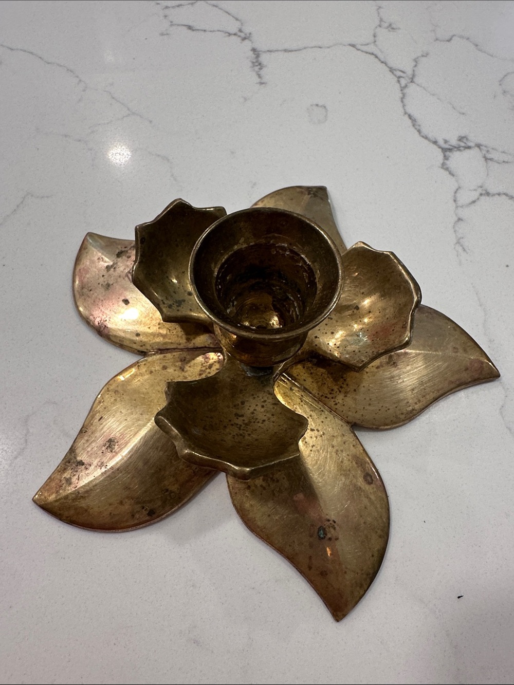 Vintage Brass Poinsettia Flower and Holly Leaf Candle Holder. Made in India.